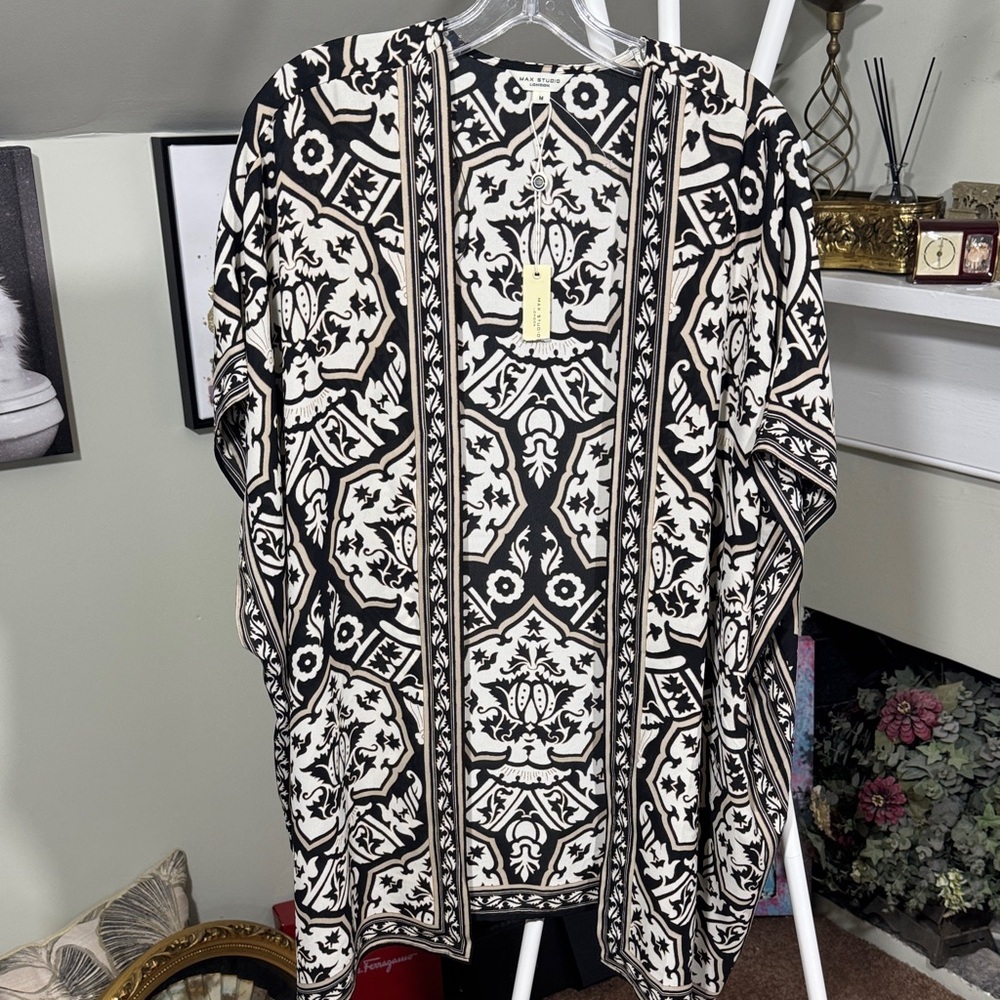 NWT Max Studio Cream/Black/Tan Medallion 2 piece set Wide-Leg Pants and Kimono - Picture 4 of 13